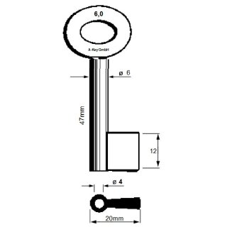 Stahlschlüssel Vollbart Ø6mm gerader Bart gebohrt