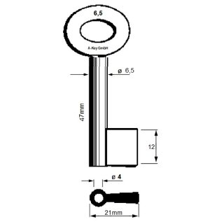 Stahlschlüssel Vollbart Ø6,5mm gerader Bart gebohrt