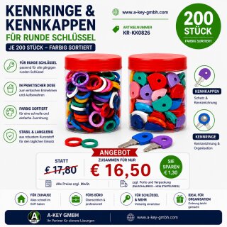 Kennkappen und Kennringe farbig  je 200 Stück für runde Schlüssel
